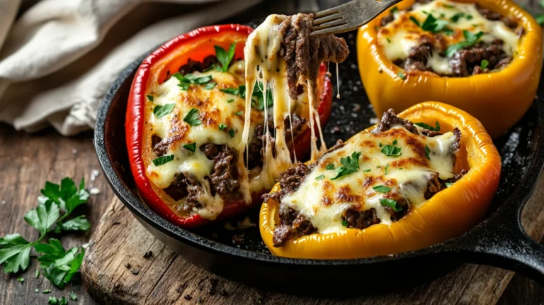 golden Philly cheesesteak stuffed peppers with melted cheese and tender beef spilling out