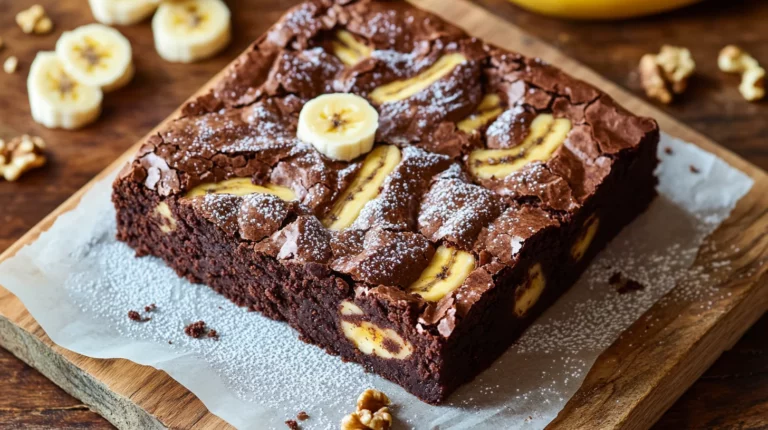 Freshly baked rich banana bread brownies with a gooey center and golden crust