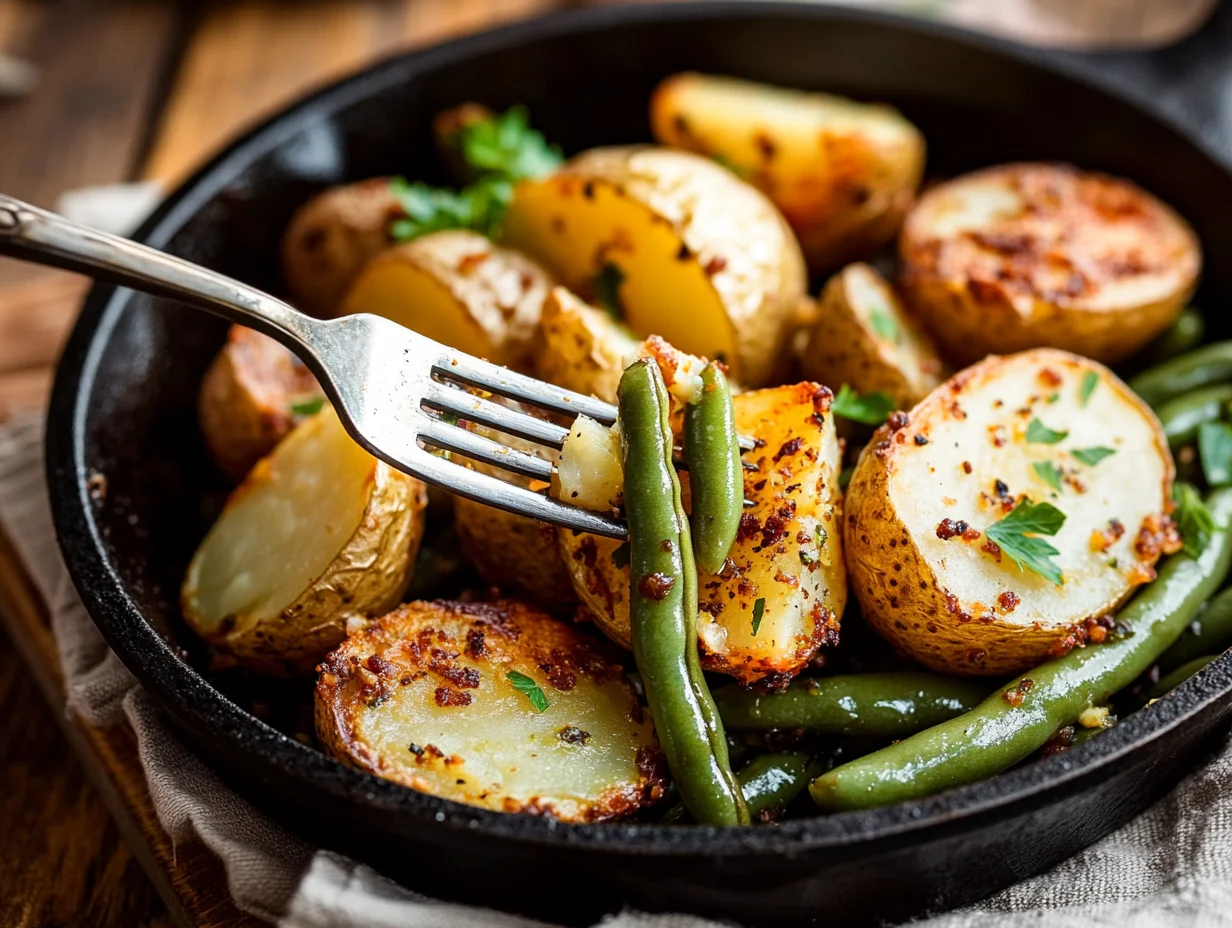 Perfect roasted green beans and potatoes served on white plate with golden crispy edges and fresh herbs