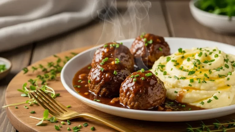 Salisbury Steak Meatballs with Garlic Herb Mashed Potatoes - Easy homemade recipe