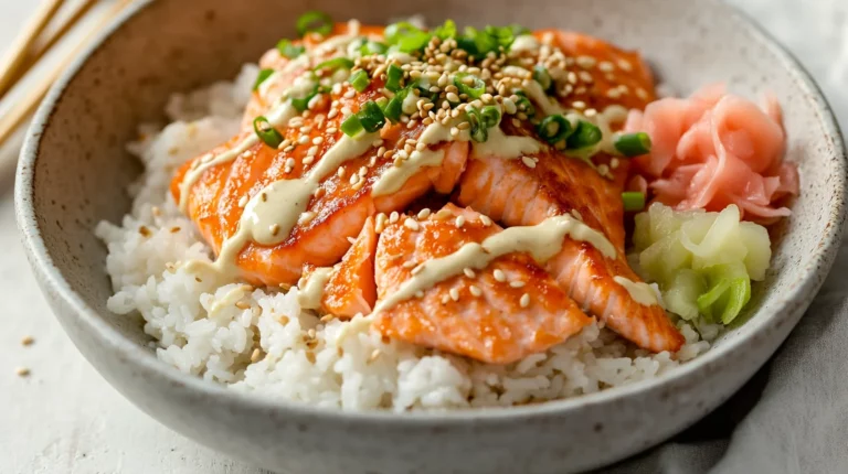 Salmon rice bowl topped with spicy mayo, avocado, cucumber and sesame seeds in white ceramic bowl