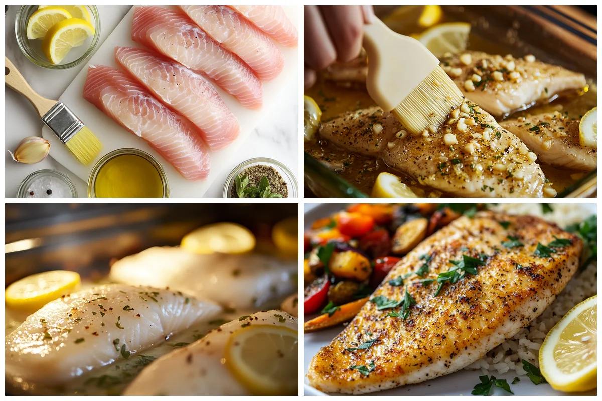 Raw tilapia fillets seasoned with herbs and spices arranged on parchment-lined baking sheet ready for oven