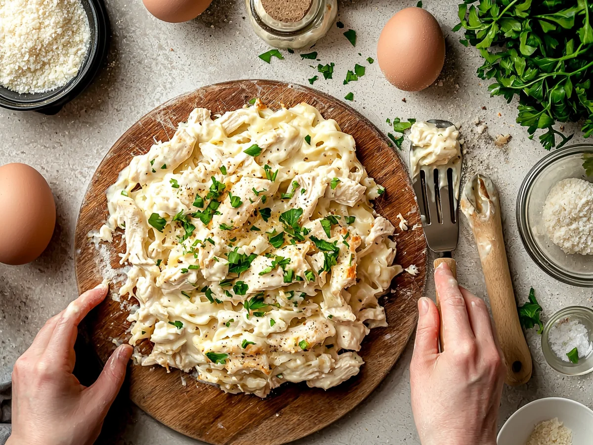 Raw chicken breasts being seasoned with salt and pepper in glass baking dish for Chicken Alfredo Bake