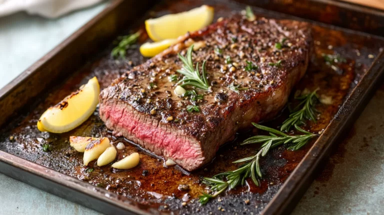 Golden brown sheet pan garlic steak with caramelized edges and fresh herbs on a dark baking sheet