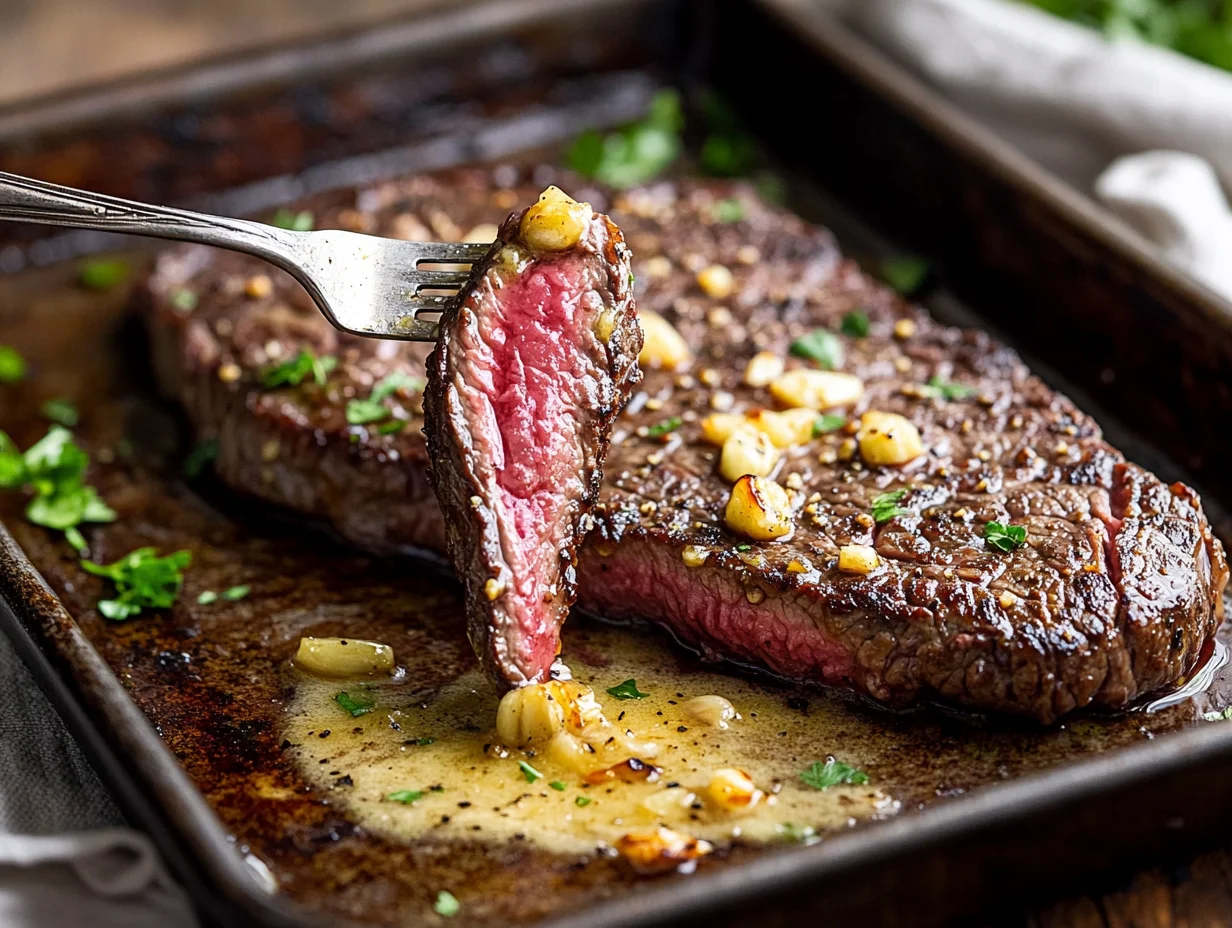 Sliced sheet pan garlic steak with caramelized edges served on white plate with roasted vegetables and fresh herbs