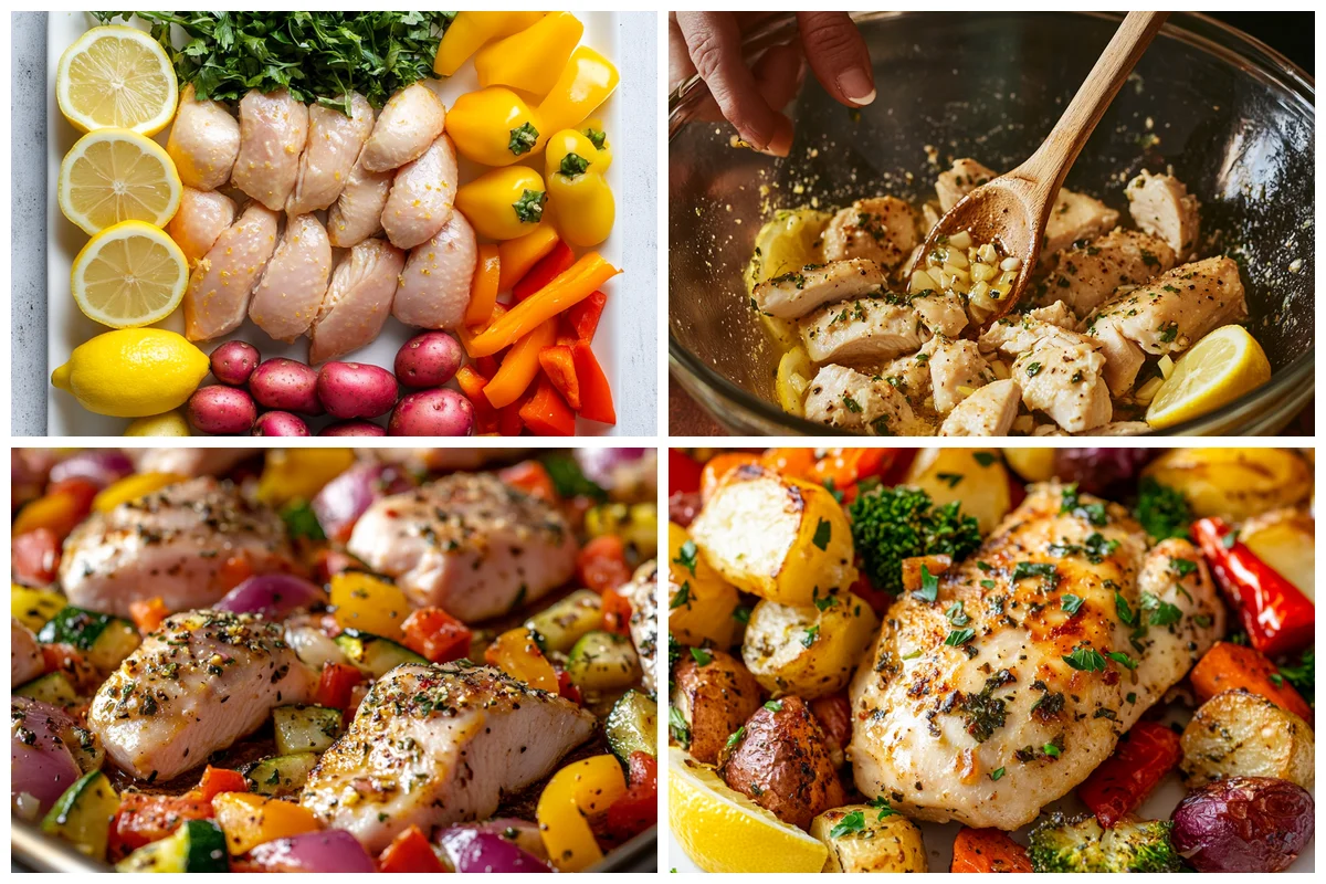 sheet pan with lemon garlic chicken and colorful roasted vegetables arranged before baking