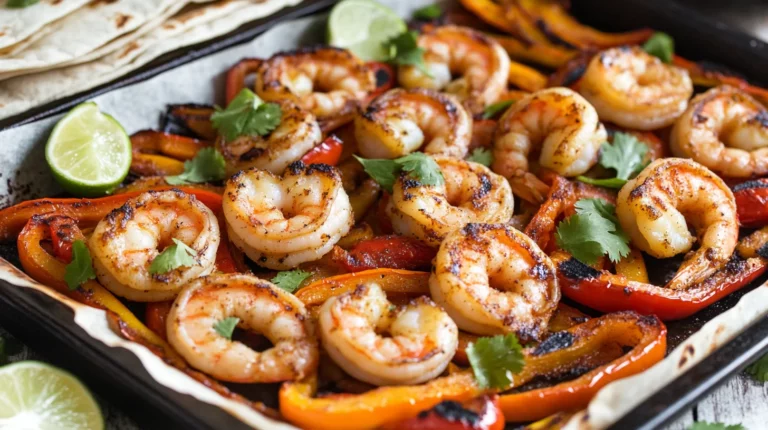 shrimp fajita sheet pan with colorful bell peppers, onions, and spices on a baking sheet