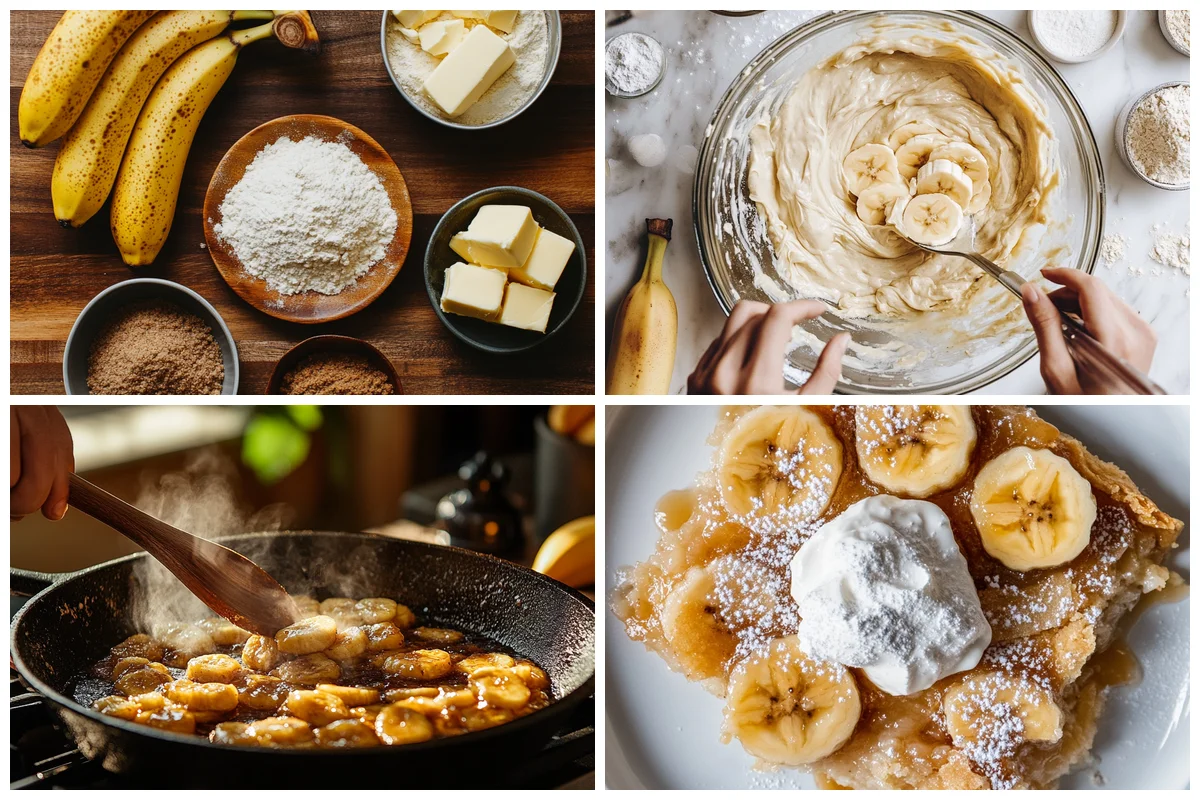 slicing bananas for Southern banana cobbler with fresh ingredients in view