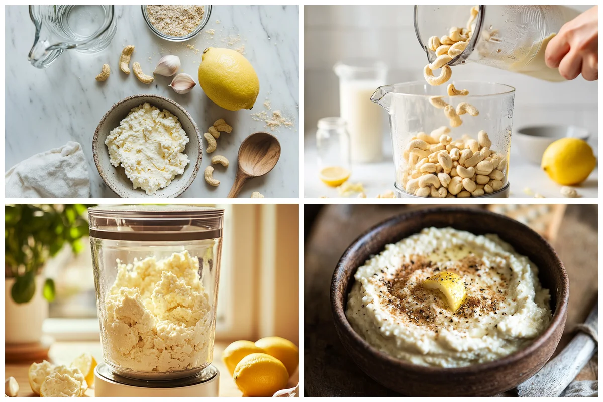 Soaked cashews in clear glass bowl with water before blending into creamy ricotta cheese substitute