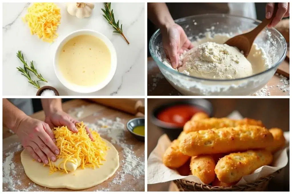 Sourdough Cheesy Breadsticks preparation steps collage