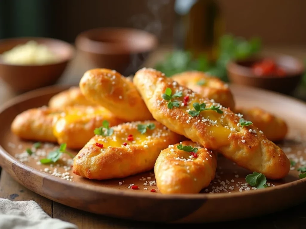 Sourdough Cheesy Breadsticks served on a plate