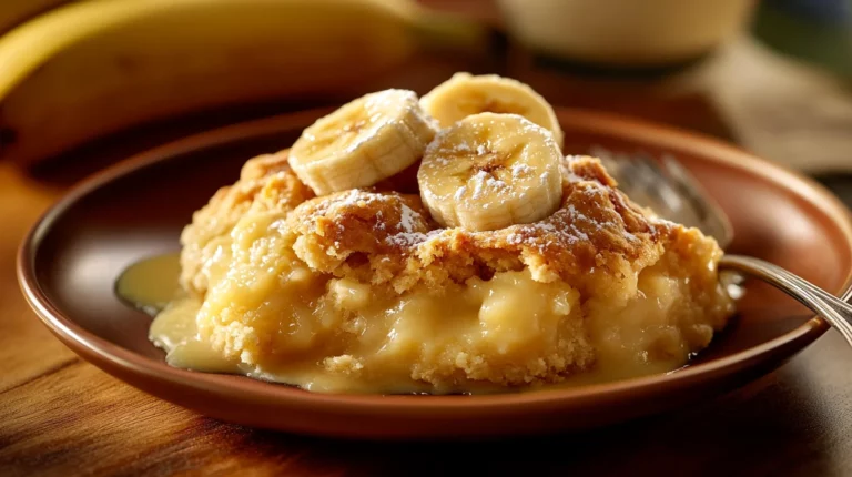 Golden Southern banana cobbler with a crispy topping and gooey banana filling