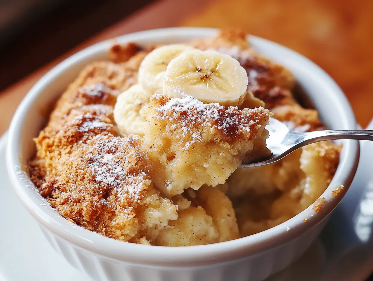 warm Southern banana cobbler with golden crust and caramelized banana slices, served in a white dish
