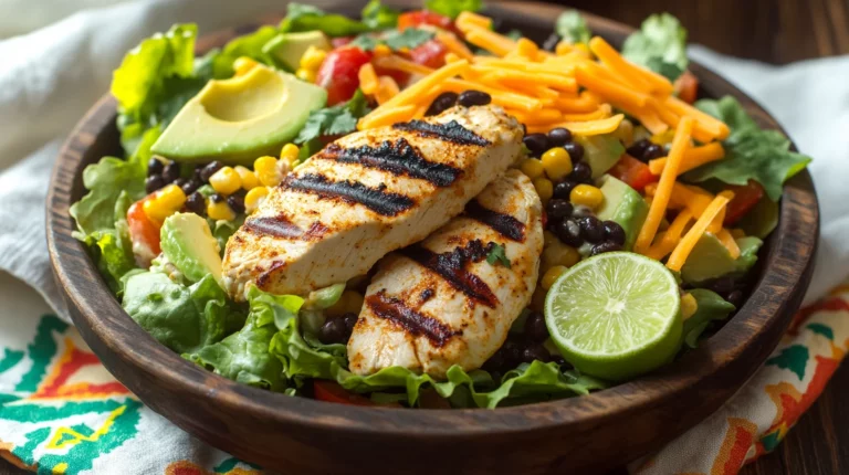Southwest chicken salad with grilled chicken, black beans, corn, avocado, and cilantro lime dressing in white bowl