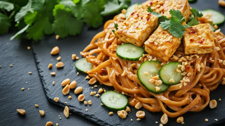 Spicy Peanut Noodles and Tofu with glossy sauce, fresh herbs, and golden tofu cubes