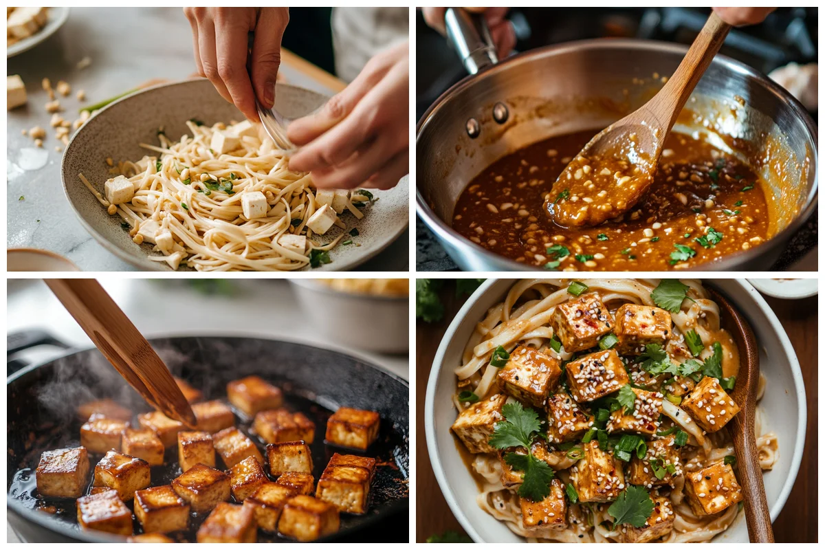 Cooking Spicy Peanut Noodles  and Tofu on the stove