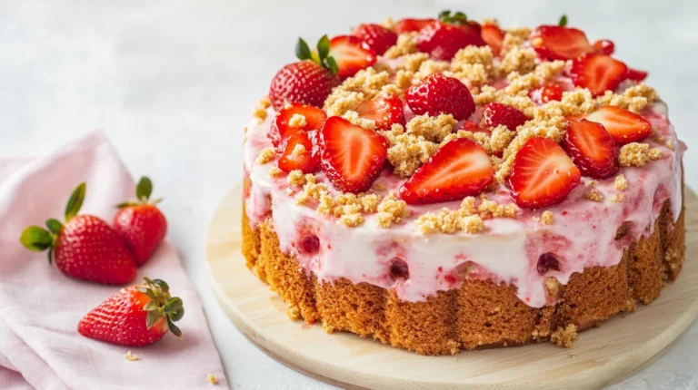 Strawberry crunch poke cake with golden cake layers, creamy white frosting, and crunchy strawberry topping