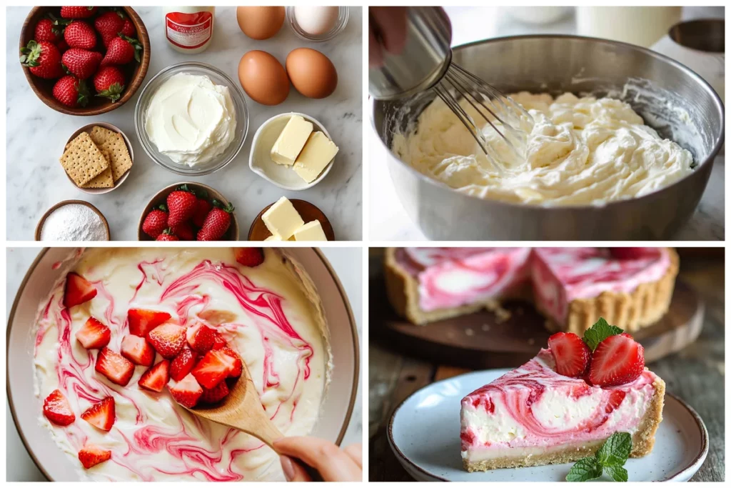 mixing batter for Strawberry Greek Yogurt Cheesecake with fresh strawberries and creamy texture