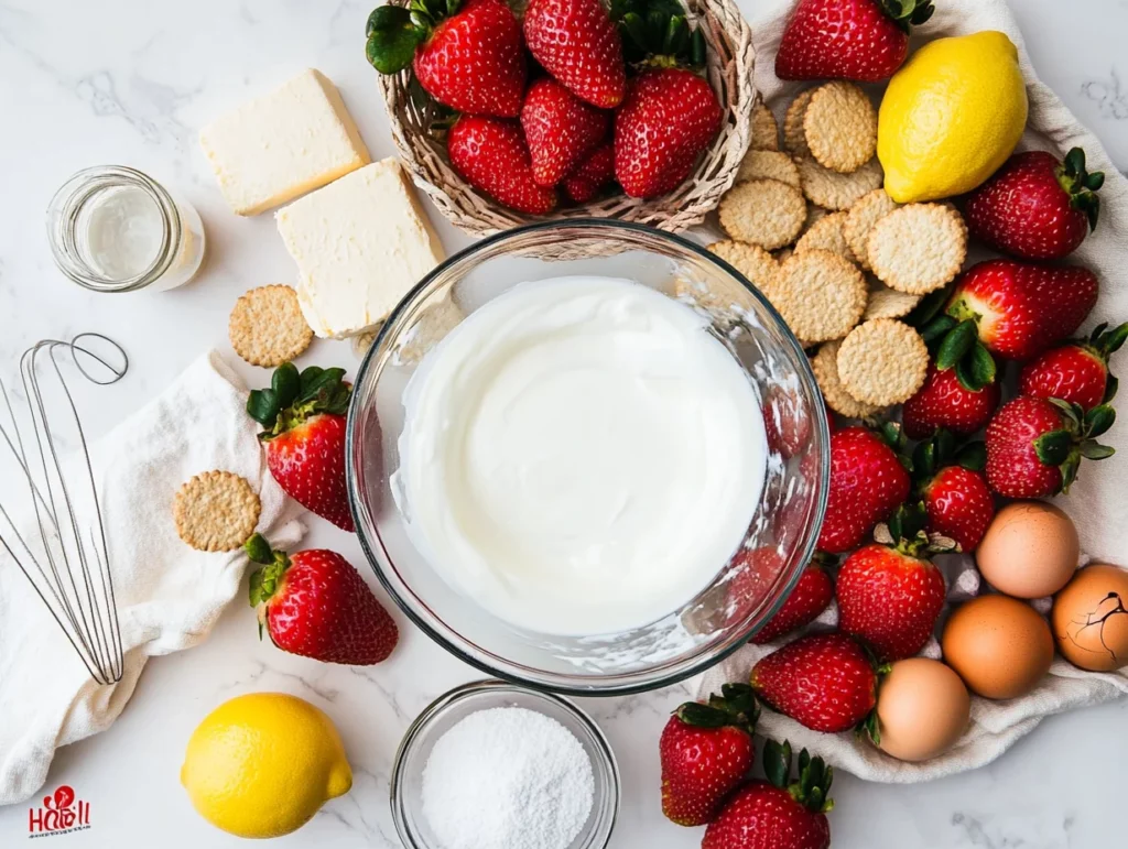 fresh strawberries for Strawberry Greek Yogurt Cheesecake, highlighting vibrant red color and juicy texture
