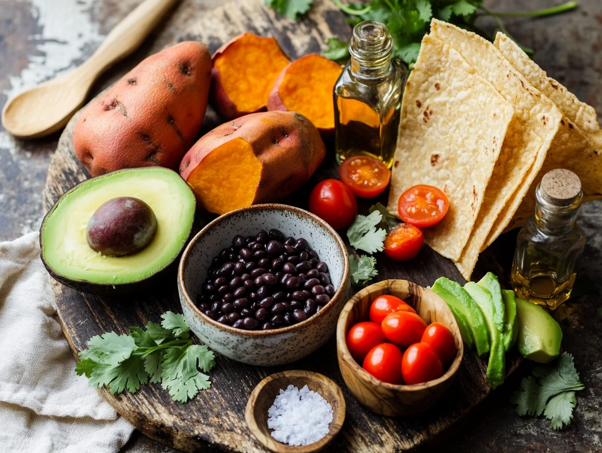 fresh ingredients for Sweet Potato & Black Bean Power Bowls, featuring vibrant sweet potatoes and black beans