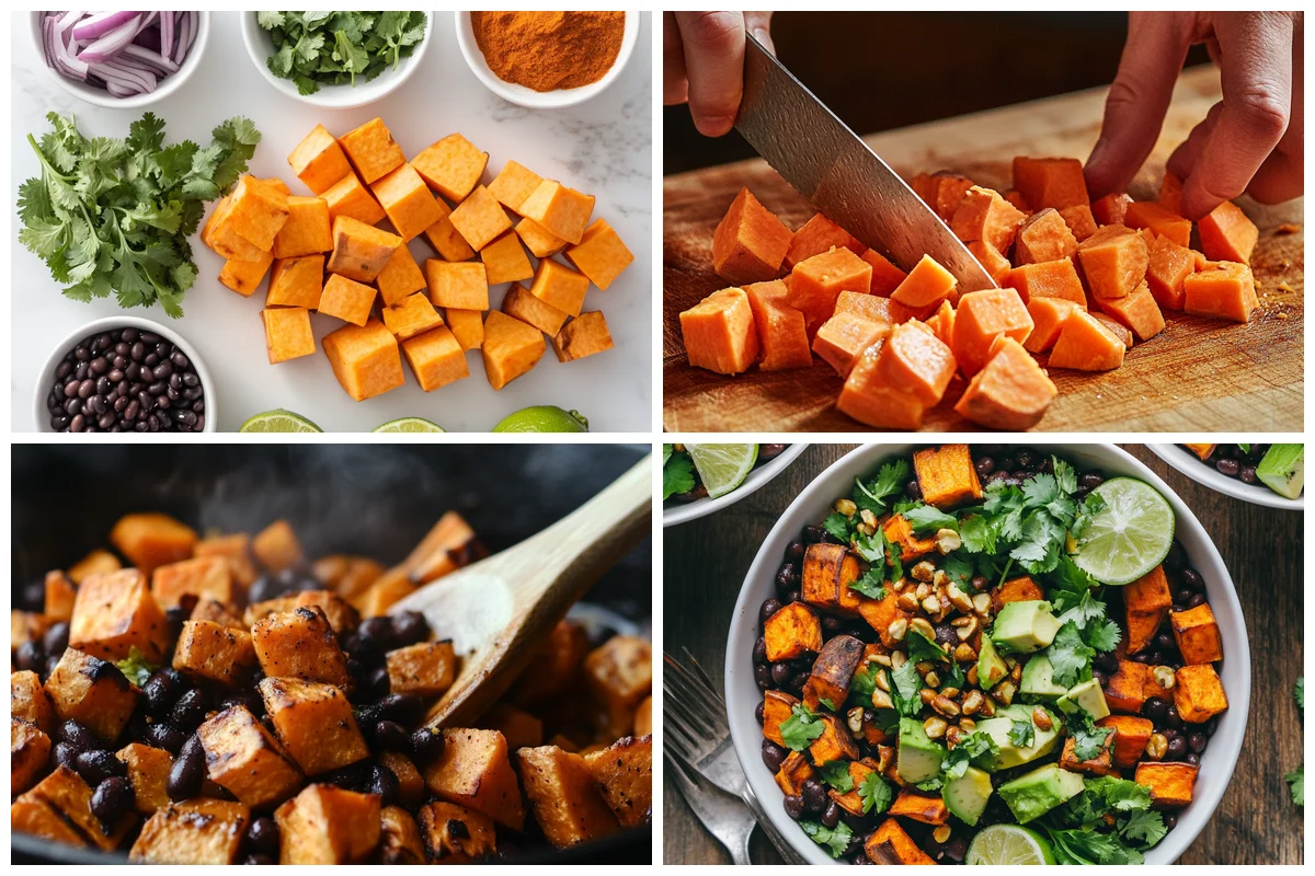 Cubed sweet potatoes being seasoned with spices on a baking sheet for power bowls