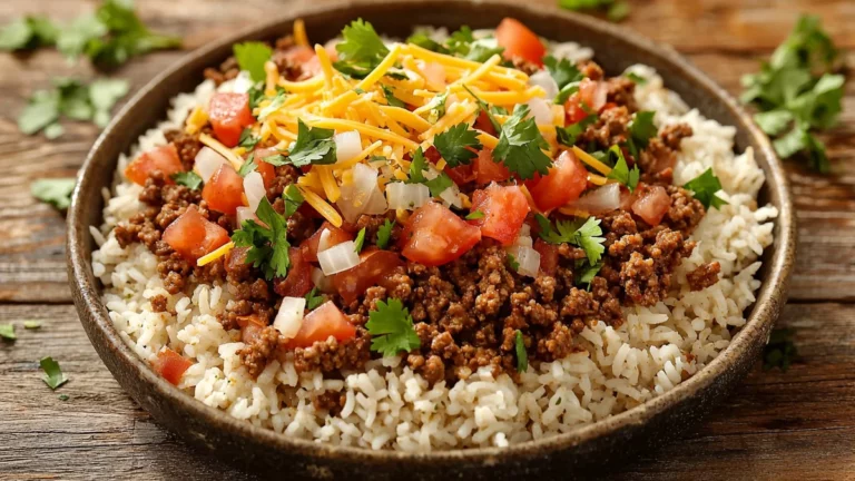 taco ground beef rice bowl with seasoned beef, fluffy rice, shredded cheese, and fresh toppings