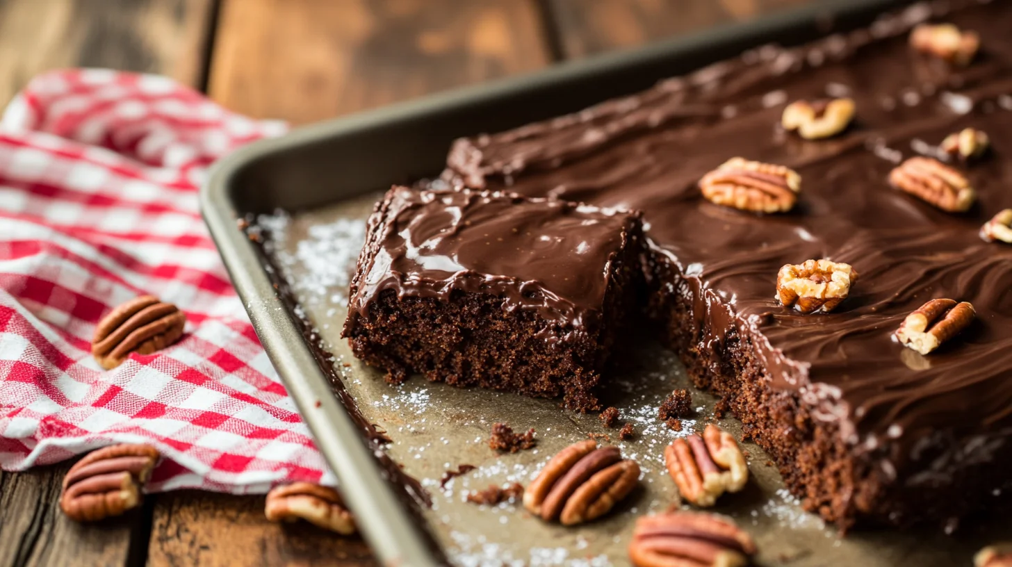 freshly baked Texas sheet cake with smooth chocolate frosting and chopped pecans on a vintage cake stand