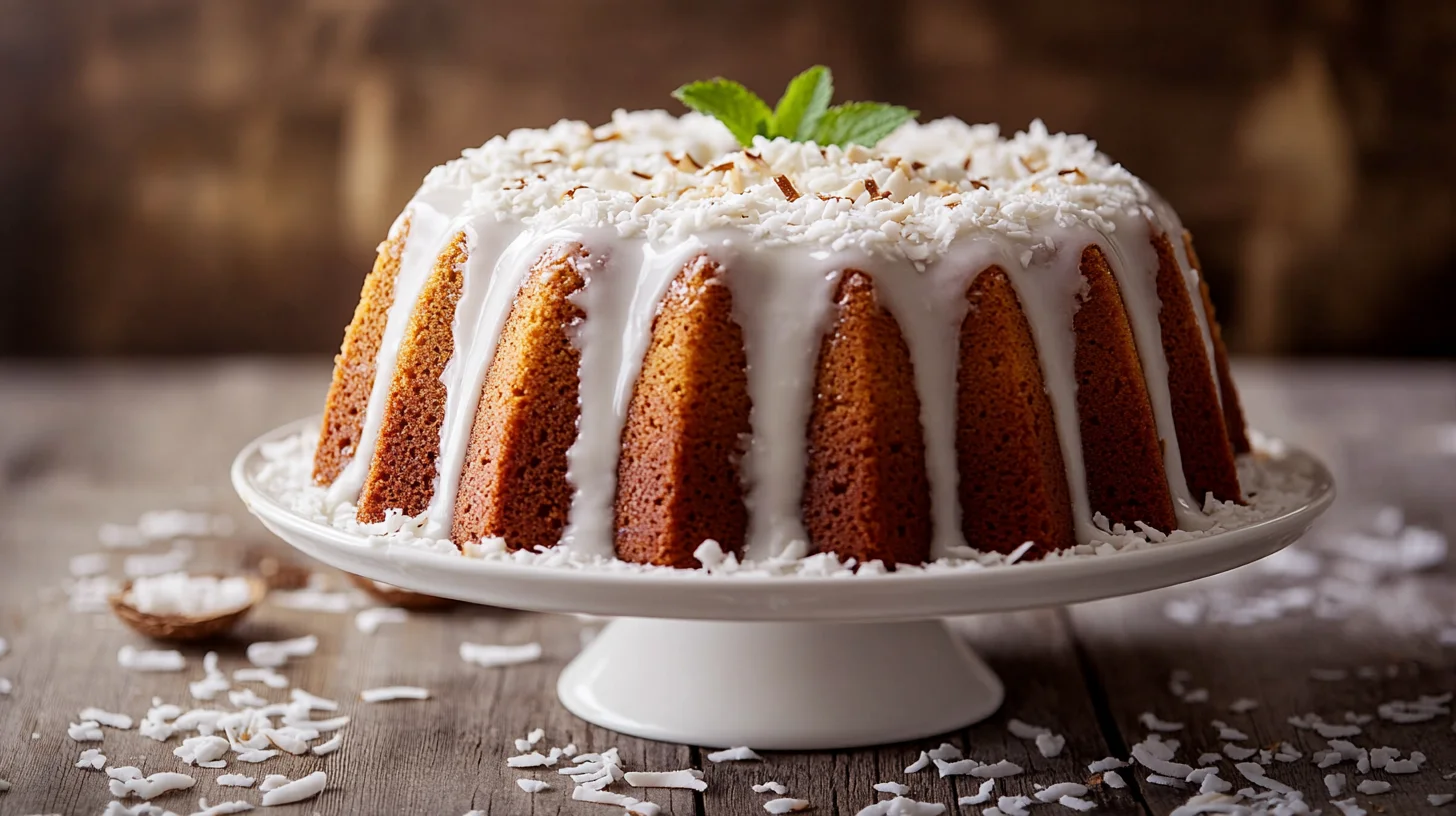 Golden coconut bundt cake with white glaze drizzled on top, sitting on a white cake stand with coconut flakes scattered aroun