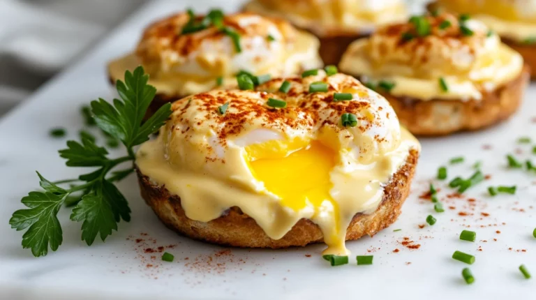 Golden Eggs Benedict Casserole with hollandaise sauce drizzled over English muffins, ham, and perfectly baked eggs