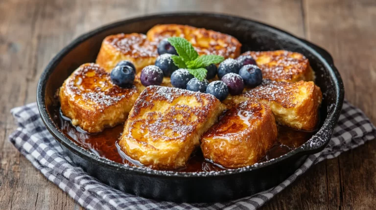 Golden brown French toast casserole with crispy edges and custardy center in white baking dish