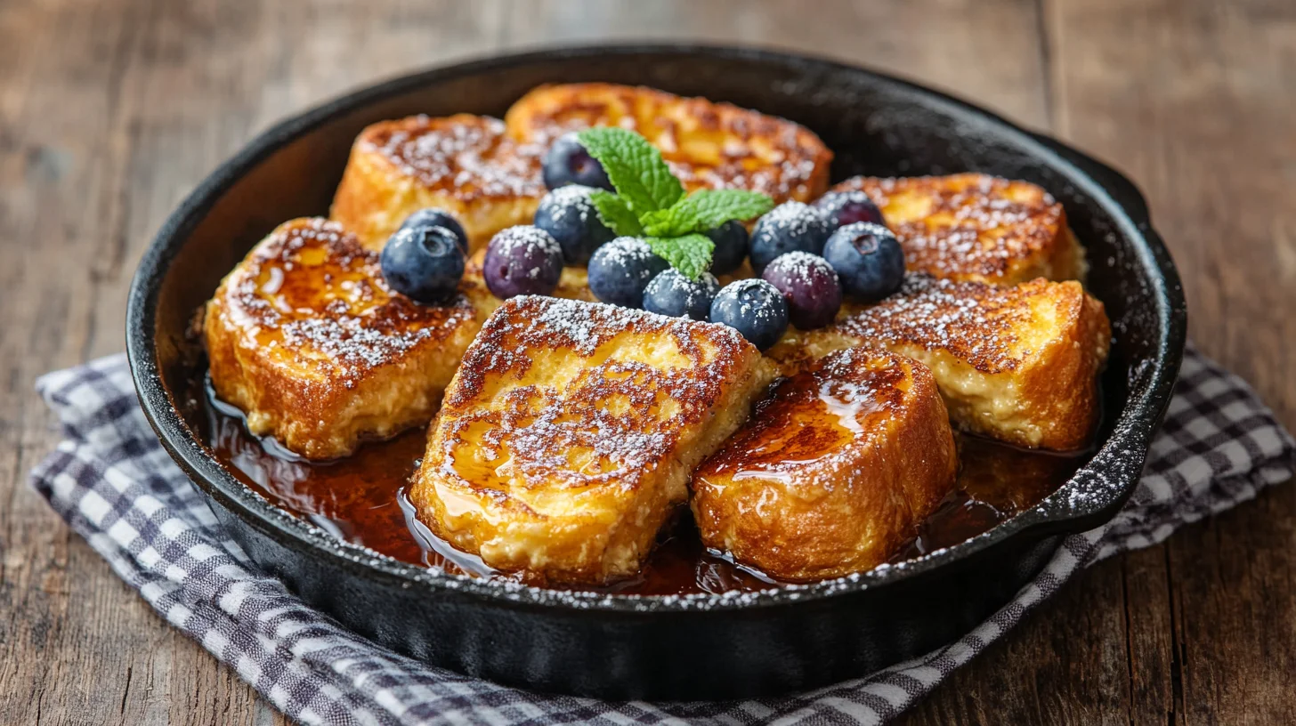 Golden brown French toast casserole with crispy edges and custardy center in white baking dish