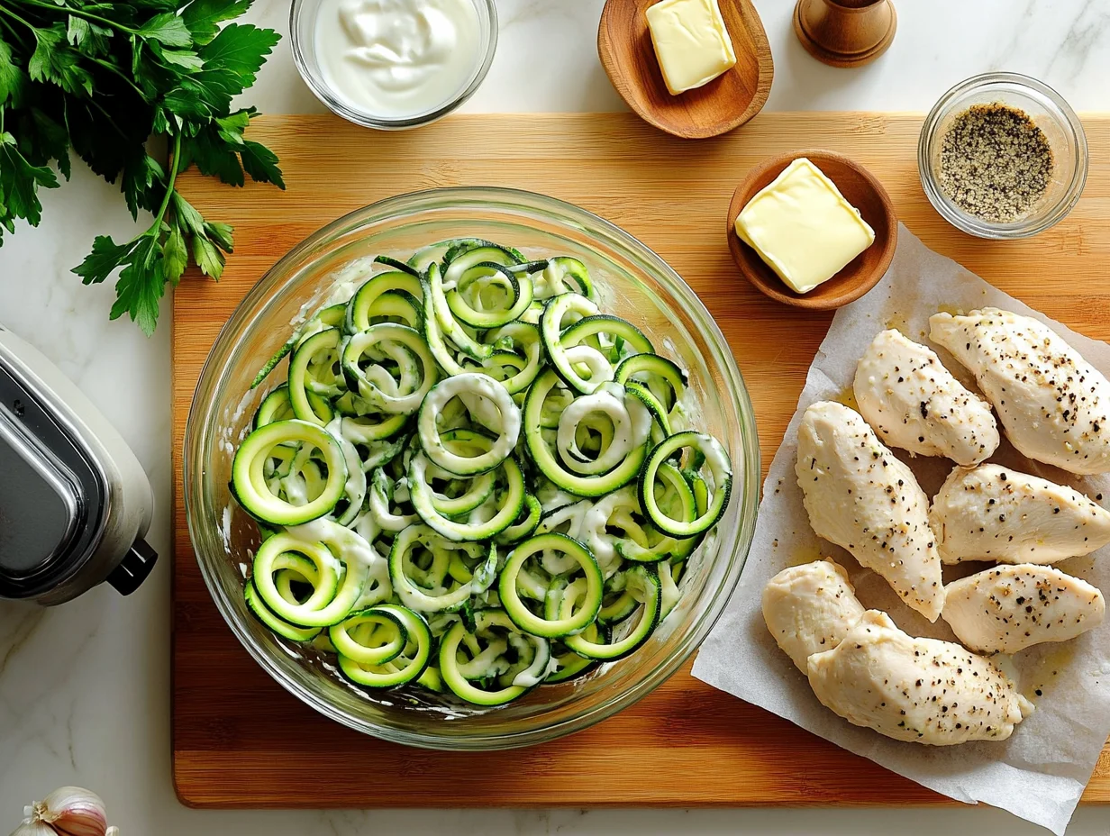 Fresh zucchini spirals, diced chicken breast, and creamy alfredo sauce ingredients arranged on marble countertop