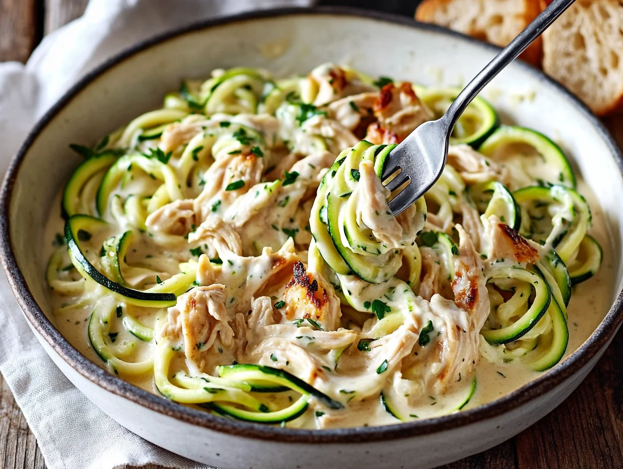 Creamy zucchini noodle chicken alfredo served in white bowl with tender chicken pieces and rich parmesan sauce
