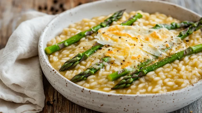 Creamy asparagus and parmesan risotto in white bowl with fresh herbs and grated cheese on top