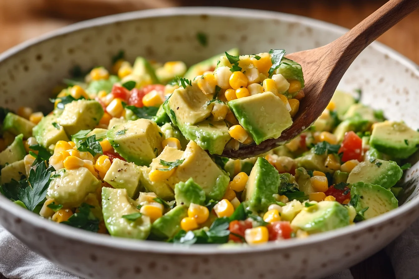 Fresh avocado corn salad in white bowl with creamy chunks of avocado, golden corn kernels, and colorful vegetables