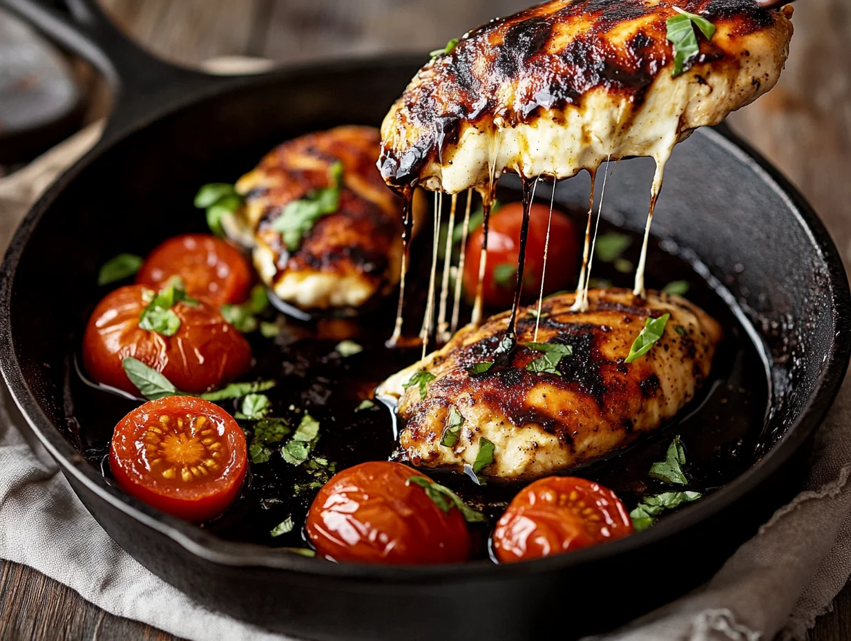 Balsamic Caprese Chicken Skillet with melted mozzarella, fresh basil, and cherry tomatoes in cast iron pan
