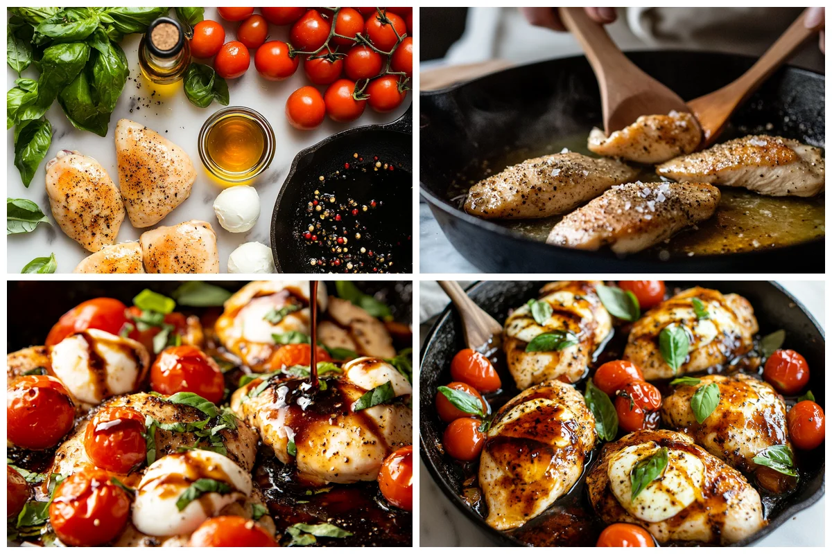 balsamic caprese chicken sizzling in cast iron skillet with melted mozzarella and fresh basil