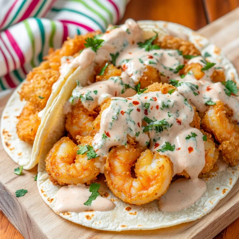 Bang Bang Shrimp Tacos with creamy sauce dripping down golden crispy shrimp in warm tortillas with fresh herbs