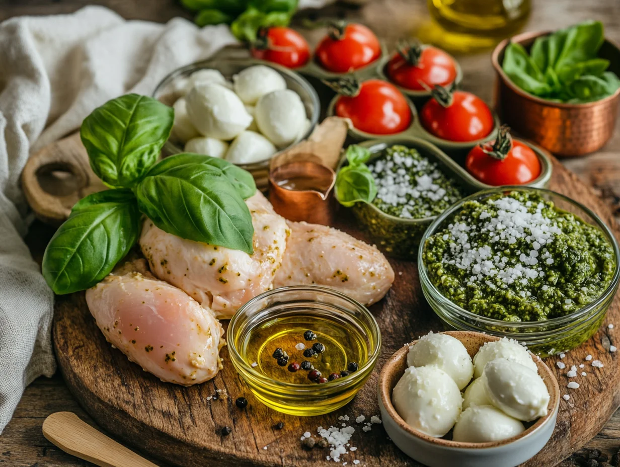 fresh basil leaves and grated parmesan cheese for Chicken Pesto Bake
