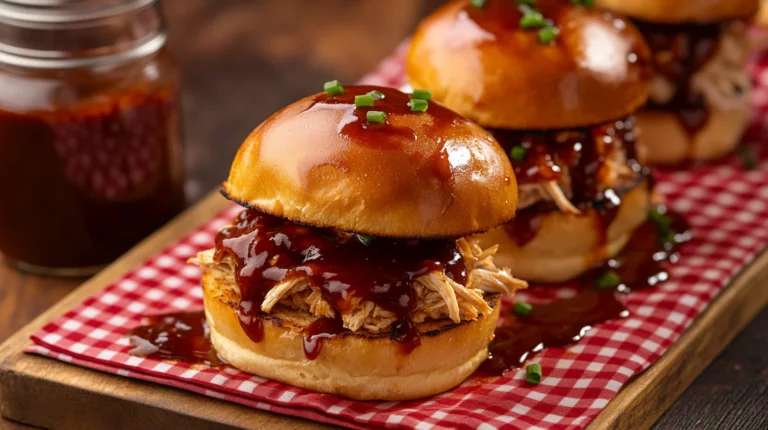 BBQ chicken sliders with tender shredded chicken, smoky BBQ sauce, and soft slider buns on a wooden board