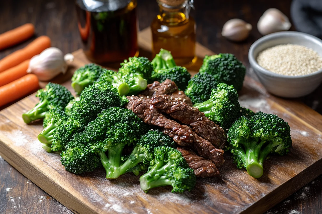 Fresh beef strips, bright green broccoli florets, and colorful stir fry ingredients arranged on cutting board