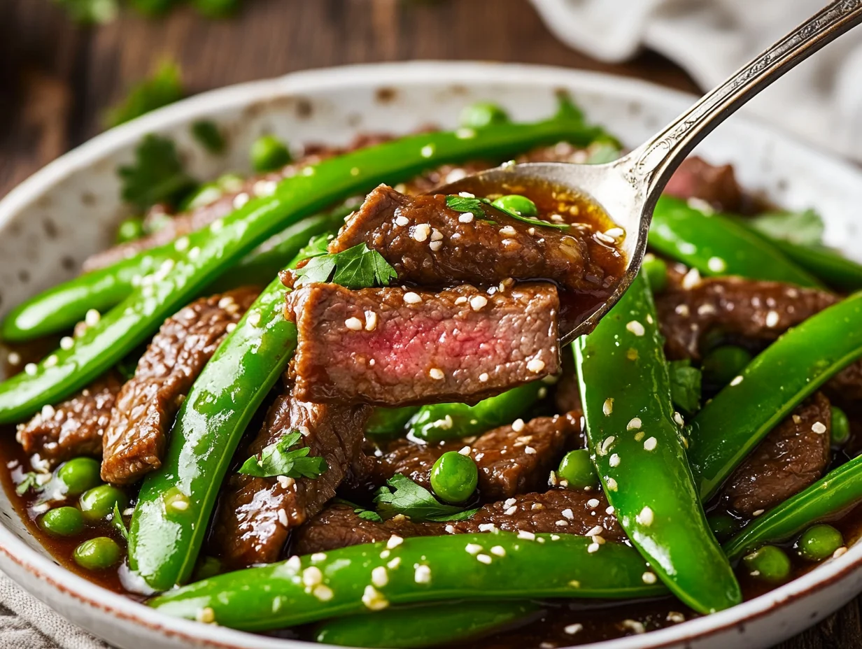 Beef and snow pea stir fry served in white bowl with chopsticks, tender beef strips and crisp green snow peas