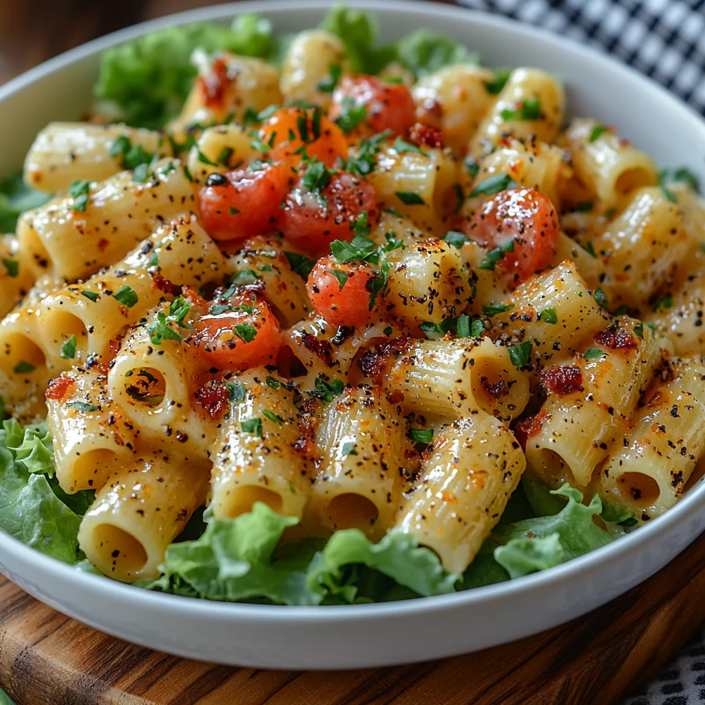 BLT Pasta Salad with creamy sauce, fresh herbs, and vibrant colors in an elegant white dish