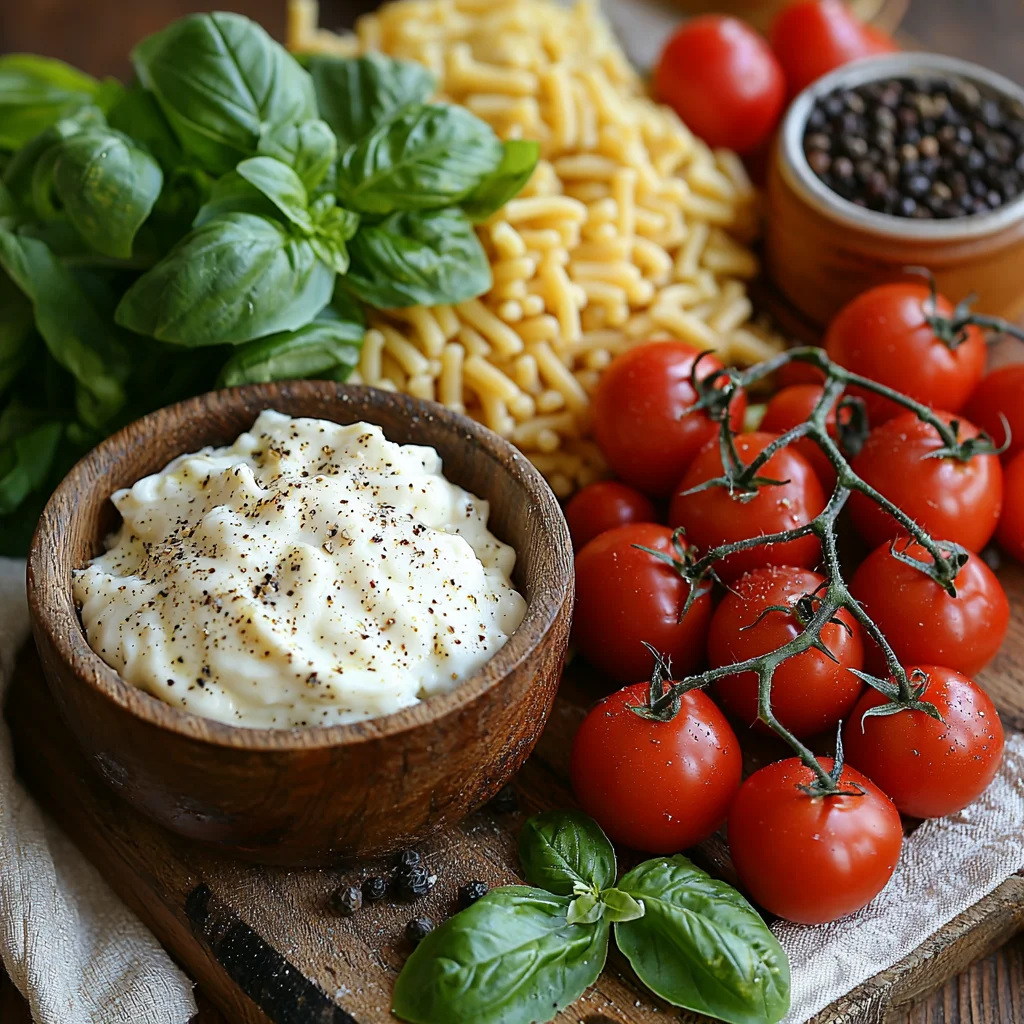Close-up of a BLT Pasta Salad with creamy sauce, golden edges, and fresh herbs