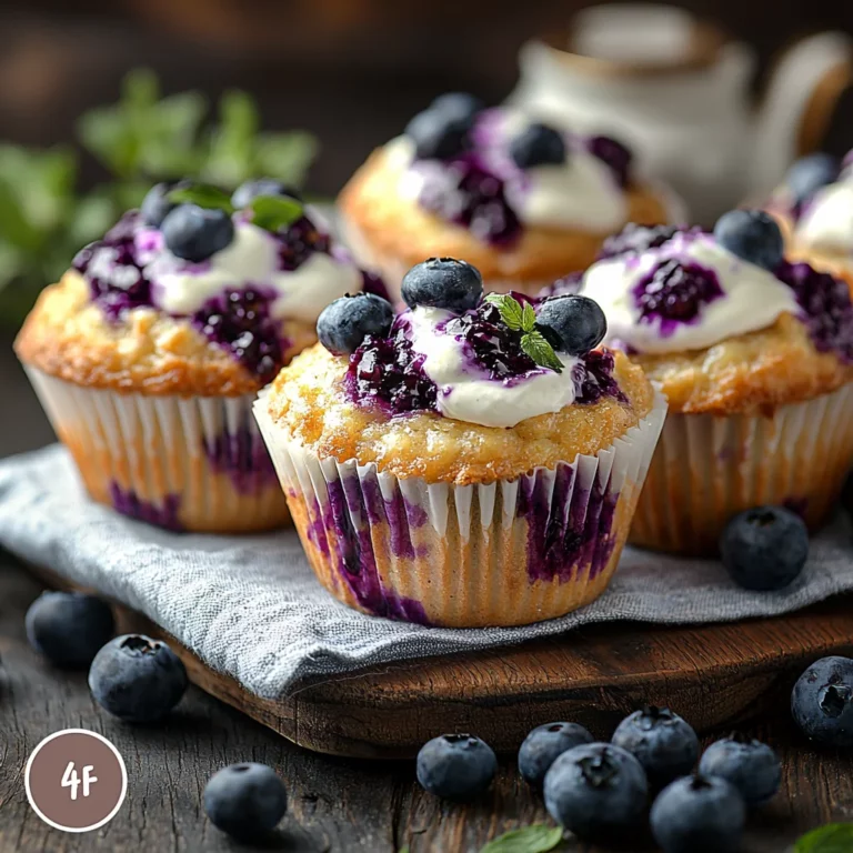 Blueberry Cream Cheese Muffins with glossy sauce, golden edges, rich textures, fresh herbs sprinkled