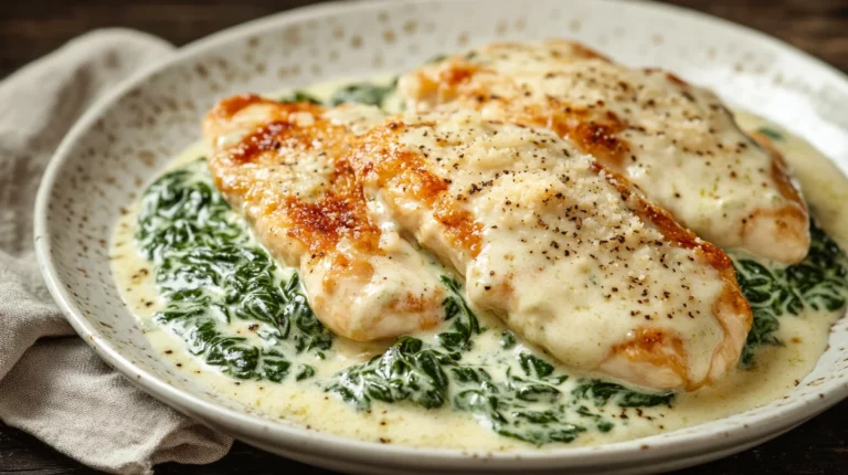 Golden-brown Chicken Florentine with creamy spinach sauce and a sprinkle of parmesan cheese