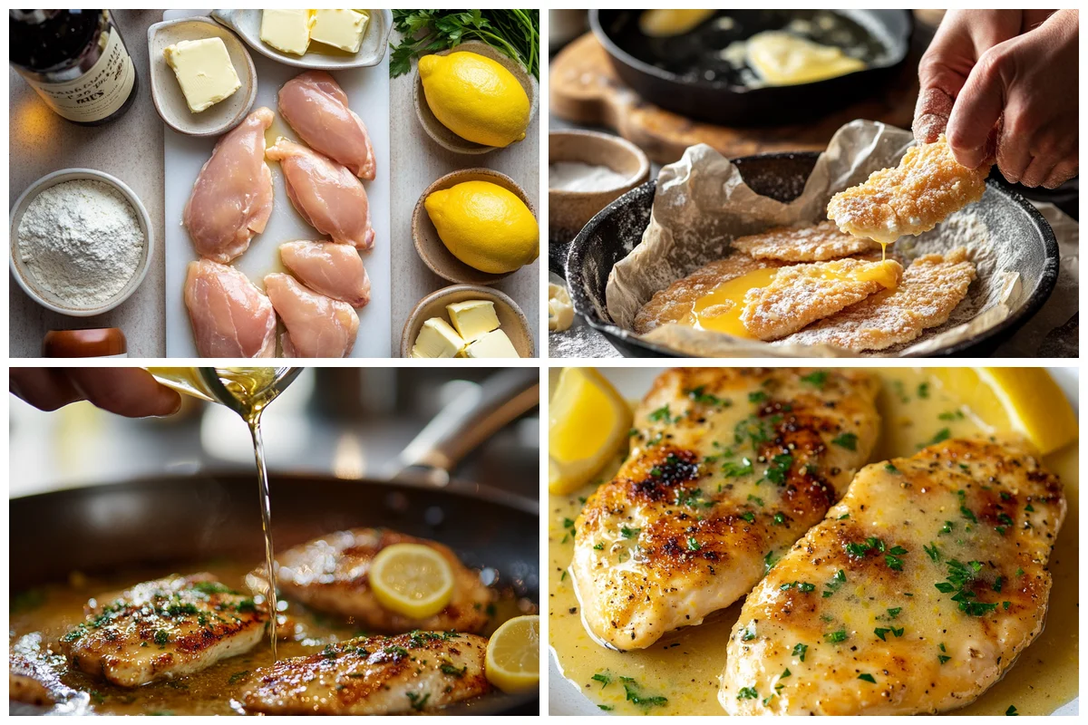 chicken francese cooking in skillet with lemon slices and white wine sauce