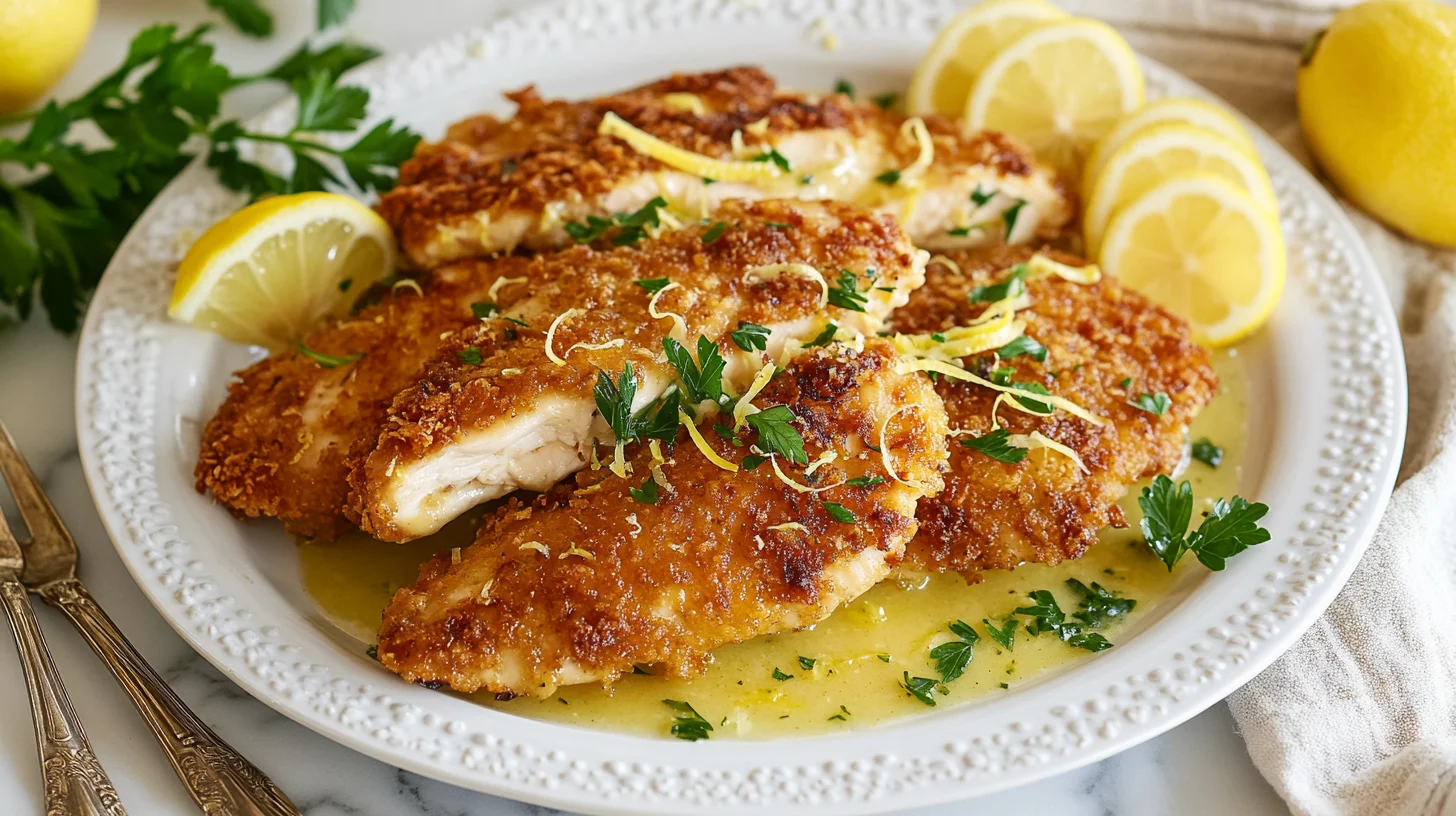 Golden crispy Chicken Francese cutlets in creamy lemon butter sauce with fresh herbs on white plate