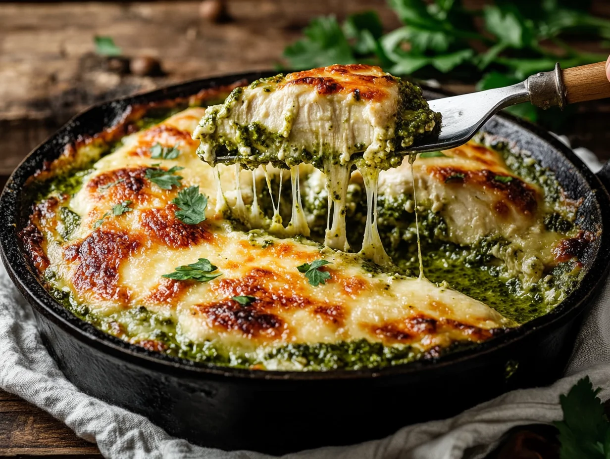 Chicken Pesto Bake served in white dish with golden melted cheese, fresh basil garnish, and creamy pesto sauce