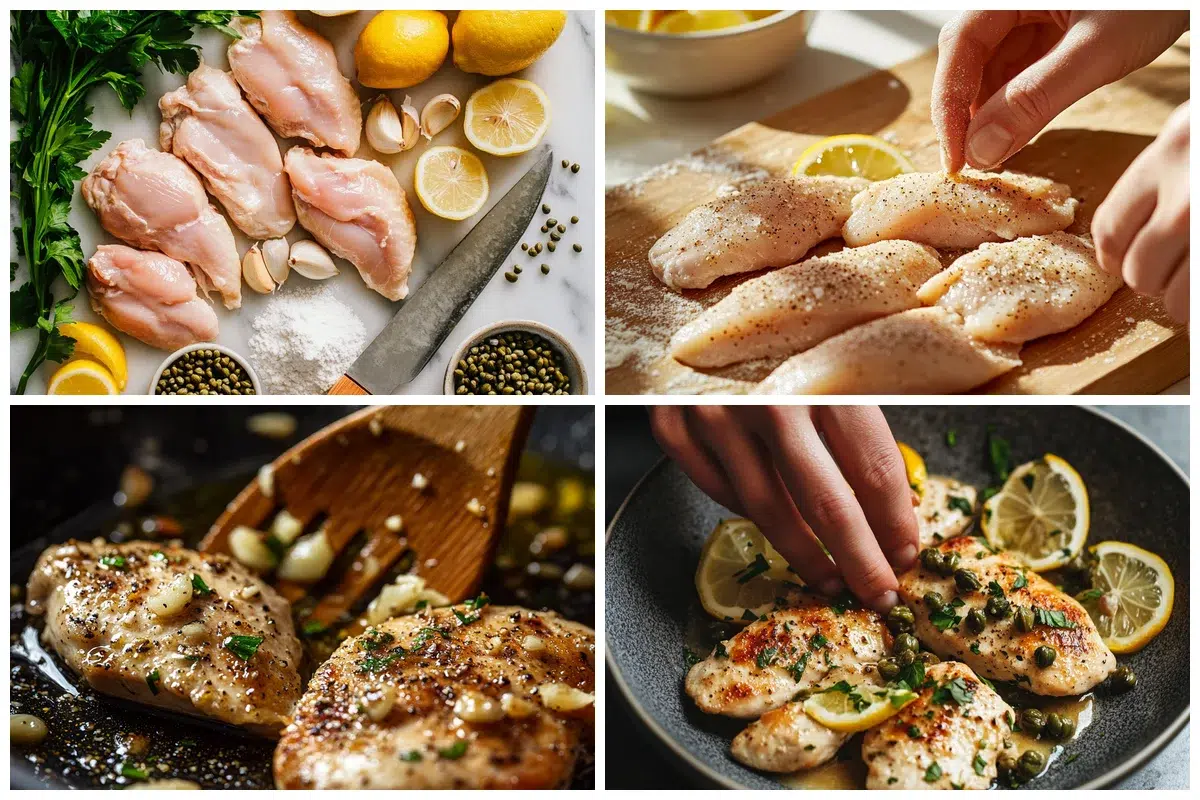 chicken piccata being cooked in a pan with lemon slices and capers